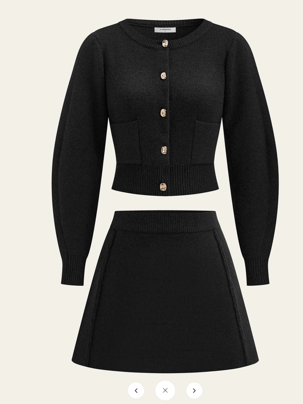 Commense Lamb Sleeve Metal Button Knit Top and Skirt Set - Black - XL